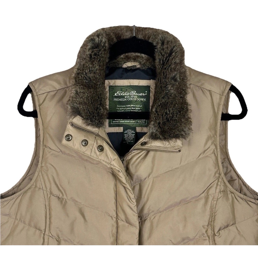 Eddie Bauer Premium Goose Down Puffer Vest Women Large Faux Fur Full Zip Beige - Picture 2 of 9